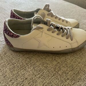 ShuShop White Leather Sneakers with Pink Glitter Heel